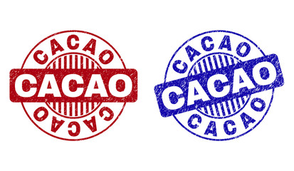Grunge CACAO round stamps isolated on a white background. Round seals with grunge texture in red and blue colors. Vector rubber watermark of CACAO tag inside circle form with stripes.