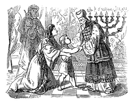 Vintage Drawing of Biblical Story of Elkanah and His Wife Hannah Who Are Presenting Son Samuel to Priest Eli.