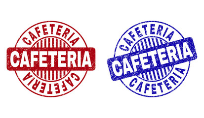 Grunge CAFETERIA round stamp seals isolated on a white background. Round seals with grunge texture in red and blue colors. Vector rubber imprint of CAFETERIA title inside circle form with stripes.