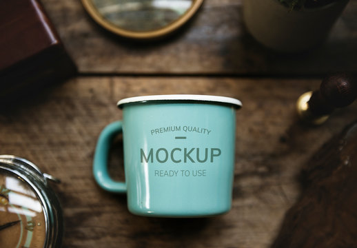 Teal Blue Cup Mockup on a Wood Table