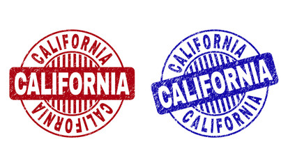 Grunge CALIFORNIA round stamp seals isolated on a white background. Round seals with grunge texture in red and blue colors. Vector rubber imprint of CALIFORNIA title inside circle form with stripes.