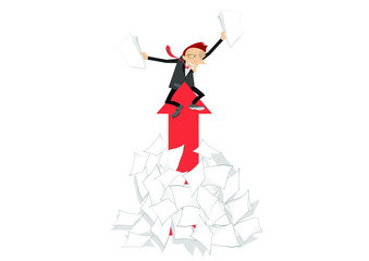 Businessman, papers and the arrow sign concept illustration. Smiling man with papers in both hands sitting on the arrow symbol rises up from the big pile of papers isolated on white