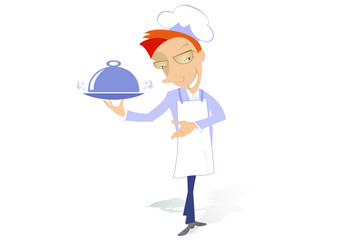 Smiling cook holds a tray with food illustration. Cartoon cook holds a tray with food isolated on white