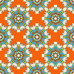 beautiful colored objects on abstract orange background seamless pattern