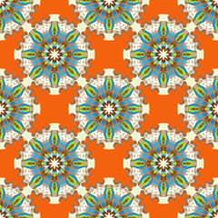 beautiful colored objects on abstract orange background seamless pattern
