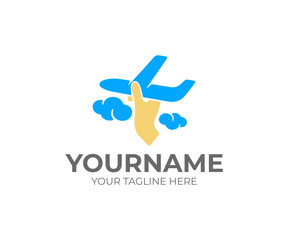 Hand launches a plane in clouds, logo design. Airplane fly, airline, travel, protection and comfort, vector design and illustration