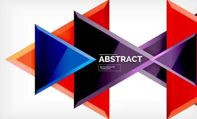 Triangles repetiton geometric abstract background, multicolored glossy triangular shapes, hi-tech poster cover design or web presentation template with copy space