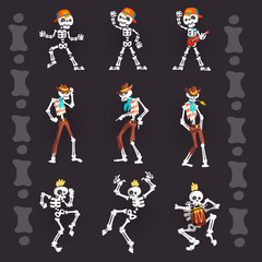 Fototapeta na wymiar Creepy skeletons characters set, skeleton rapper in baseball cap, cowboy and punk vector Illustrations