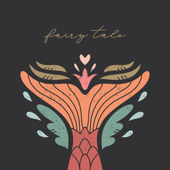 Vector postcard or poster with mermaid tail on dark background. Summer holidays theme, nursery print. Good for baby party decor