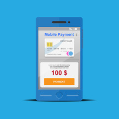 Mobile payment from credit card vector flat design.