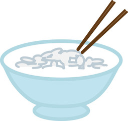 Color badge, blue plate with rice and chopsticks