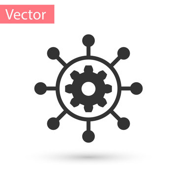 Grey Project management icon isolated on white background. Hub and spokes and gear solid icon. Vector Illustration