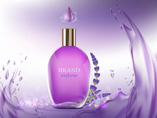 Perfume glass bottle. The aroma of lavender flower.