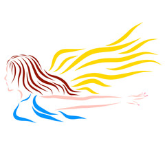 Flying girl with long hair, winged beauty, colorful pattern