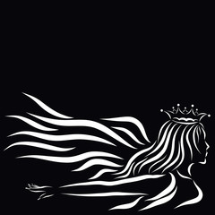 Flying winged woman in a crown, white pattern on a black background