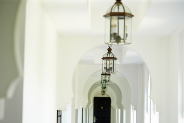 Ceiling lamps hallway at resort hotel