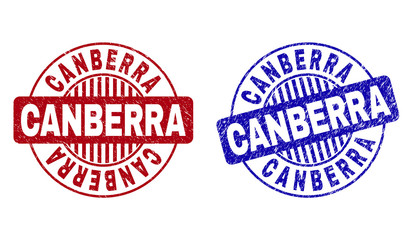 Grunge CANBERRA round stamp seals isolated on a white background. Round seals with grunge texture in red and blue colors. Vector rubber imprint of CANBERRA label inside circle form with stripes.
