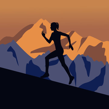 Vector silhouette of runner woman and mountain