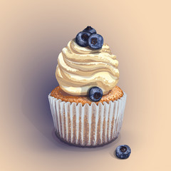 Vector of a crumbly, gentle wet biscuit cupcake with a stunning cream soft air cheese cream, taste creme brulee, with juicy fresh blueberry. Blue paper pans got wet from the juiciness of the cake