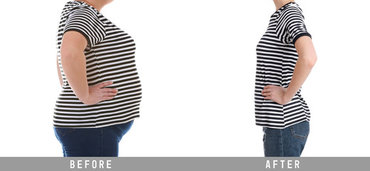 Overweight woman before and after weight loss on white background, closeup