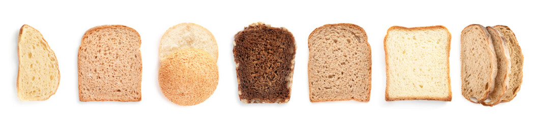 Slices of fresh bread on white background, top view