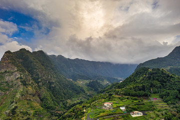 Beautiful mountain landscape of Madeira island, Portugal. Summer travel background. Aerial view.