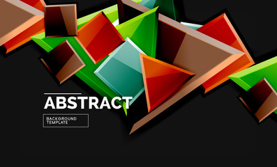 Glossy mosaic style geometric shapes - squares and triangles on black