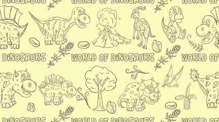 contour seamless illustration_2_of the pattern of small dinosaurs and trees, plants, stones, for design in the style of Doodle