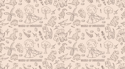 contour seamless illustration of the pattern of small dinosaurs and trees, plants, stones, for design in the style of Doodle