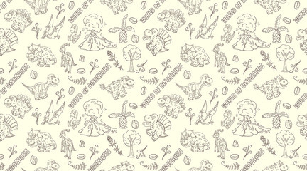 contour seamless illustration_3_of the pattern of small dinosaurs and trees, plants, stones, for design in the style of Doodle