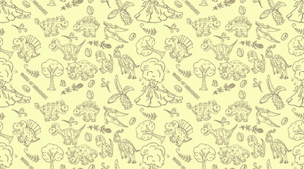 contour seamless illustration_5_of the pattern of small dinosaurs and trees, plants, stones, for design in the style of Doodle
