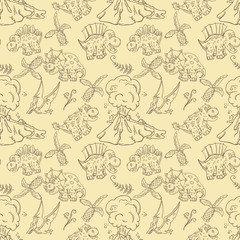 contour seamless illustration_13_of the pattern of small dinosaurs and trees, plants, stones, for design in the style of Doodle