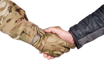 Soldier and civilian shaking hands on white background