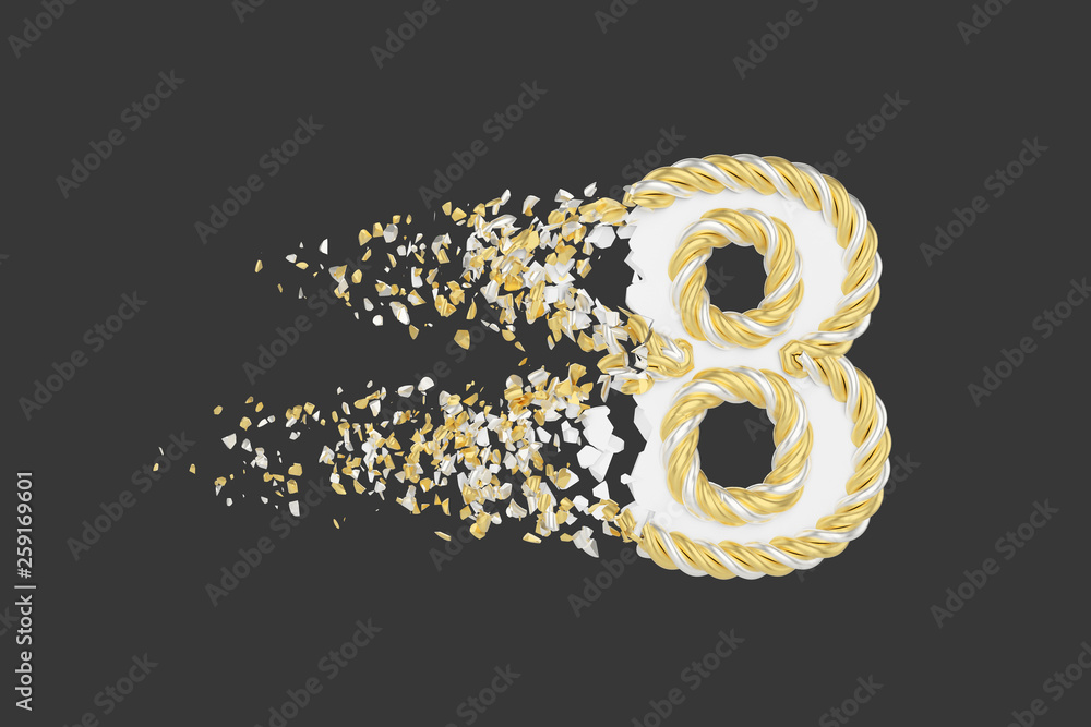 Aufkleber shattering number 8 3d realistic raster illustration. twisted number with explosion effect on dark b