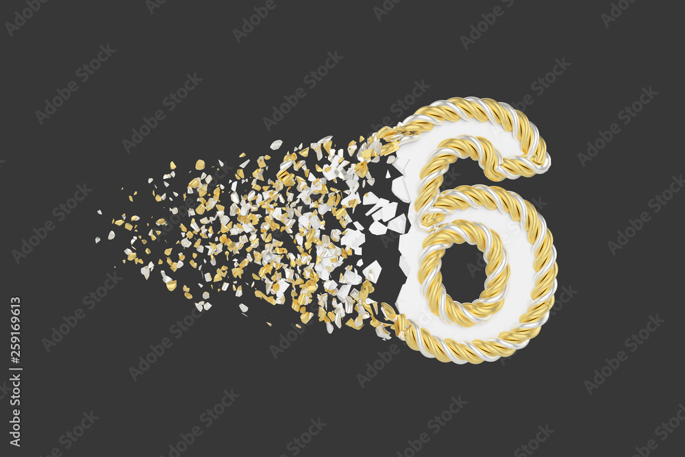 Aufkleber shattering number 6 3d realistic raster illustration. twisted number with explosion effect on dark b