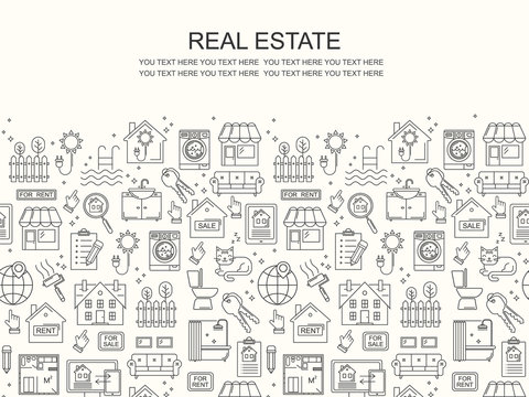 Seamless Vector Real Estate Line Style Pattern. Linear Background With Sale And Rent Buildings, House, Flat And Room. 