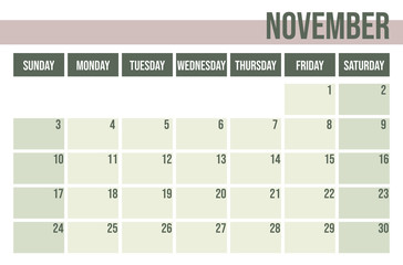 Calendar planner 2019. Monthly planner. November.