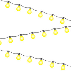 Lights bulbs isolated on white background. Glowing golden Christmas garlands string. Vector New Year party lights decorations.