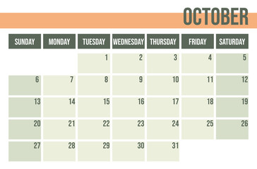 Calendar planner 2019. Monthly planner. October.