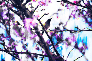 Abstract digital painting of bird and blooming flower in spring season
