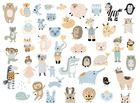 Big set of wild cartoon animals pets. Cute handdrawn kids clip art collection. Vector illustration.
