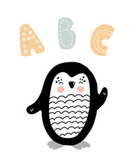 ABC - Cute hand drawn nursery poster with cartoon character animal penguin and lettering. In scandinavian style - 259170452