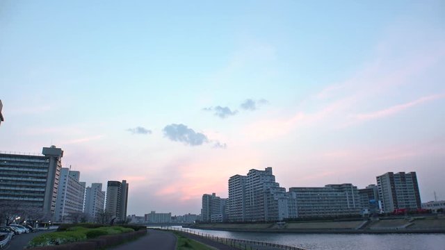 OJI,  TOKYO,  JAPAN - CIRCA APRIL 2019 : Scenery of RESIDENTIAL APARTMENT area in SUNSET at Oji city.  This area is famous for HUGE APARTMENT BUILDINGS in Tokyo.