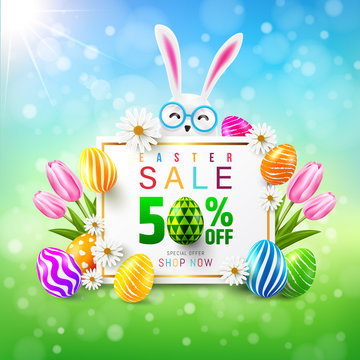 Easter Sale 50% OFF Poster and template with colorful Easter Eggs and flower on blue.Greetings and presents for Easter Day.Promotion and shopping template for Easter Day.Vector illustration EPS10