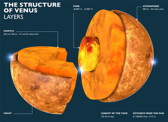 Venus structure, section of the planet in 3d. Division of the planet into parts from the core to the Venus crust. 3d rendering. Element of this image are furnished by Nasa © Naeblys