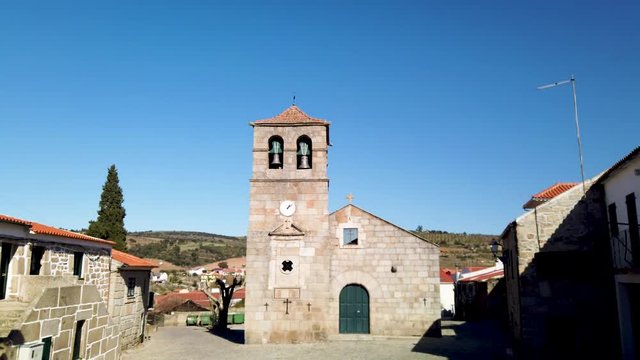 Portuguese Church and bell tower from the 17th century at Freixo do Numao. Council of Vila Nova de Foz Coa. Portugal. Douro Region.