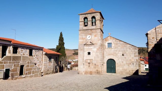 Portuguese Church and bell tower from the 17th century at Freixo do Numao. Council of Vila Nova de Foz Coa. Portugal. Douro Region.
