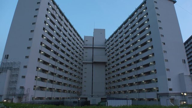 OJI,  TOKYO,  JAPAN - CIRCA APRIL 2019 : Scenery of RESIDENTIAL APARTMENT area in SUNSET at Oji city.  This area is famous for HUGE APARTMENT BUILDINGS in Tokyo.
