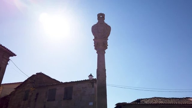 Portuguese Pillory and Church and bell tower from the 17th century at Freixo do Numao. Council of Vila Nova de Foz Coa. Portugal. Douro Region.