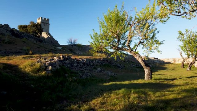 View of Almond trees on Numao Castle. Council of Vila Nova de Foz Coa. Portugal. Douro Region.